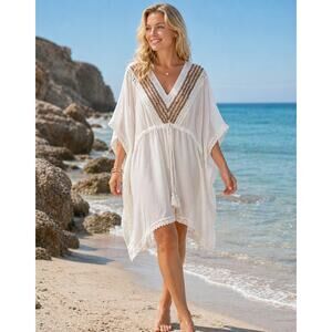 White Beaded Swimsuit Coverup Tunic  Beachy Vacation Travel Pool Cruise One Size